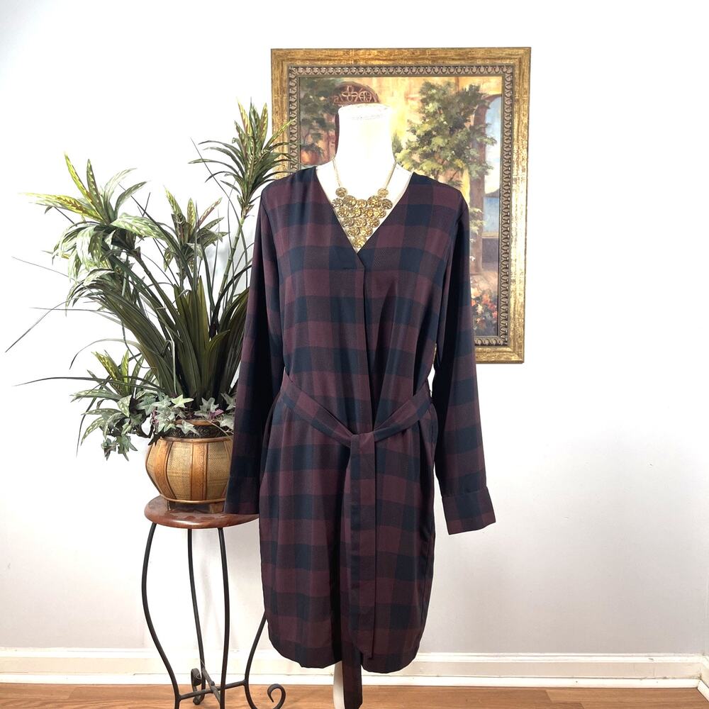 Ann Taylor Factory Plaid Shirt Dress Burgundy Black Tie Waist Women's Medium